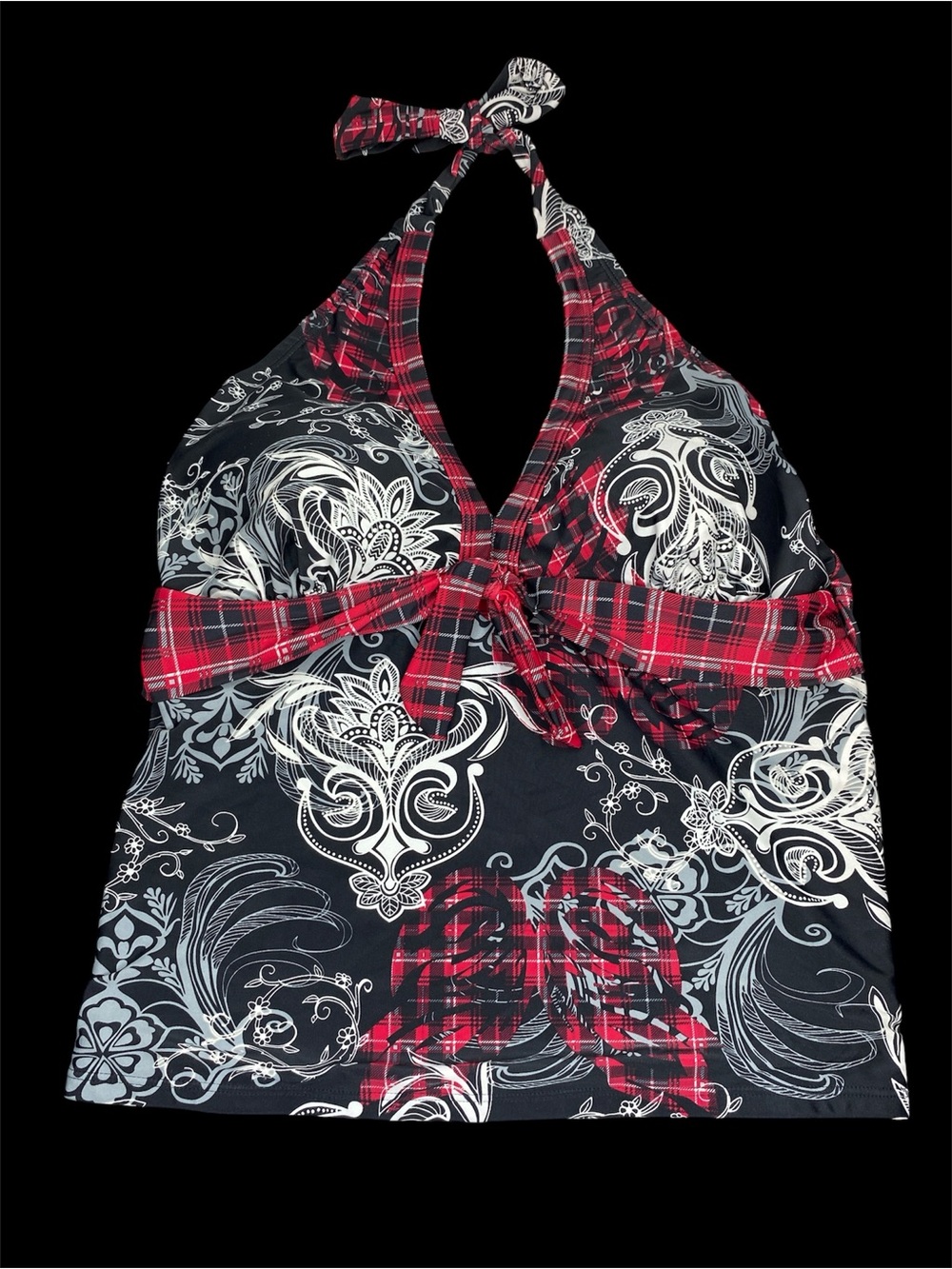 Vintage Y2K Torrid Halter Top Black Red Plaid Paisley Built-In Bra Size XL